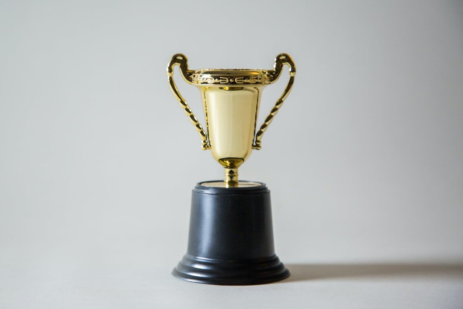 A gold cup shaped trophy mounted on a black base.